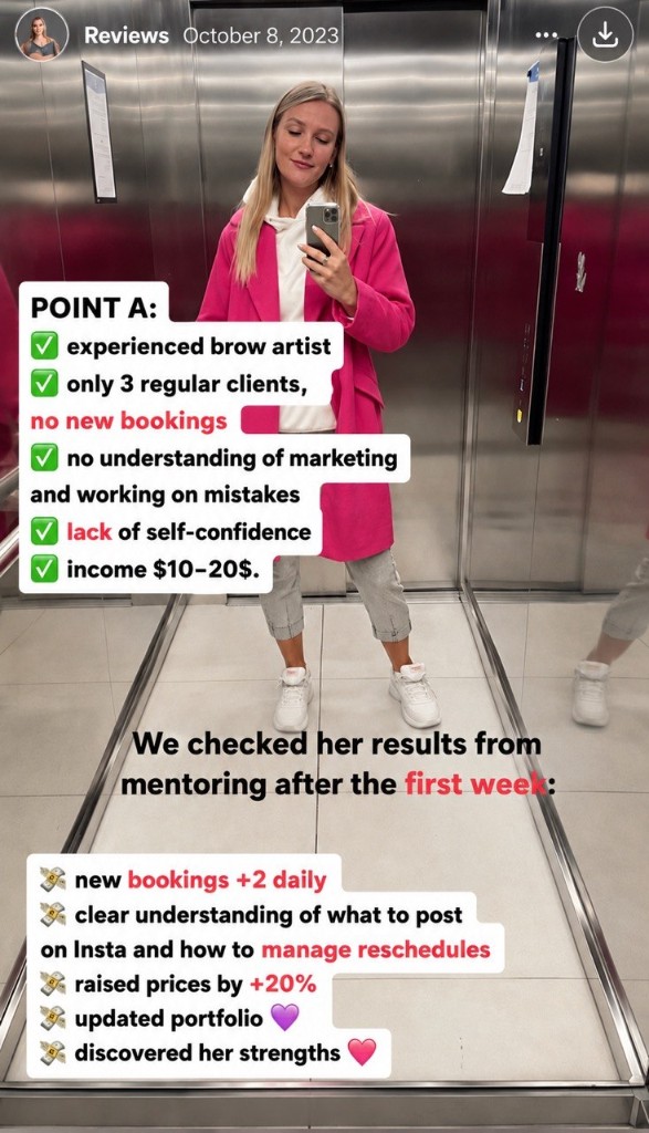 Polina Instagram story — starting situation and income before mentorship