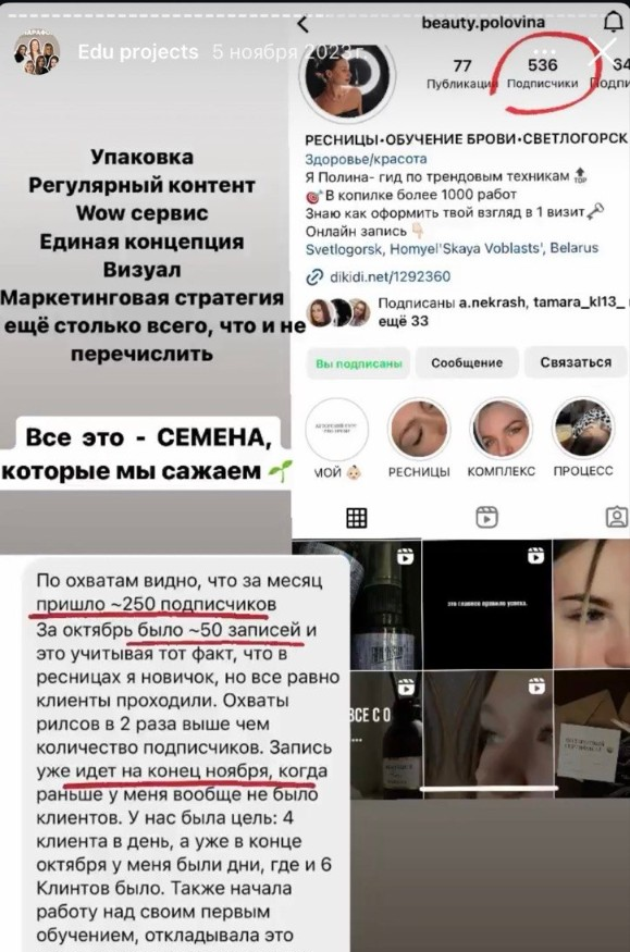 Polina Instagram content grid showing Week 4 growth and reach increase