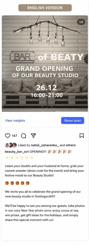 Ogłoszenie otwarcia studia Beauty Bar na Instagramie