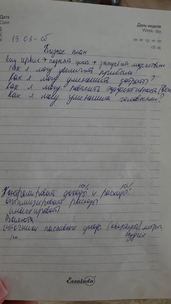 Beauty Bar handwritten business plan notes