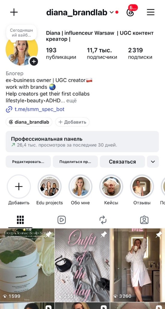 Diana Brandlab Instagram profile — 11.7K followers and 26.4K monthly views