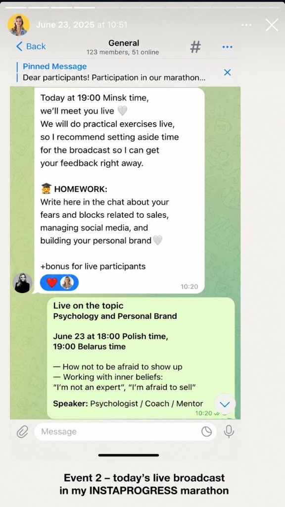 Анонс в Telegram о live-сессии INSTAPROGRESS по психологии и личному бренду