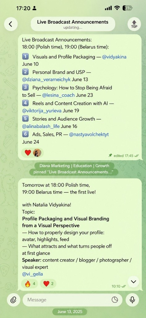 Telegram announcement of InstaProgress speaker live session schedule