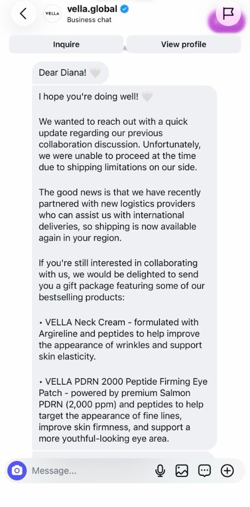 VELLA repeat collaboration outreach message