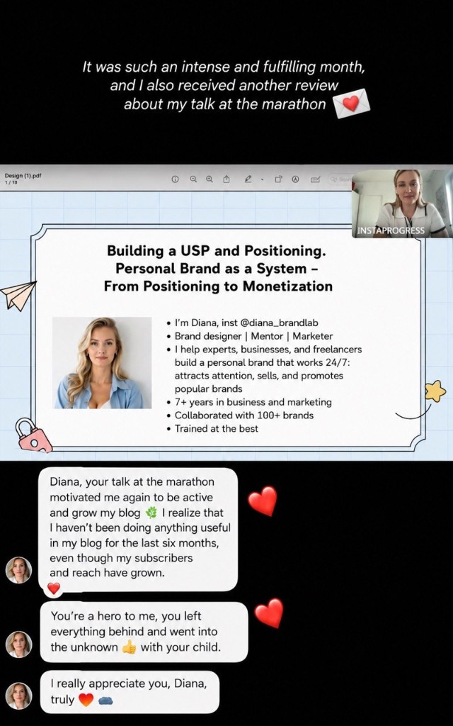 Live InstaProgress workshop on personal brand positioning and UVP with participant feedback